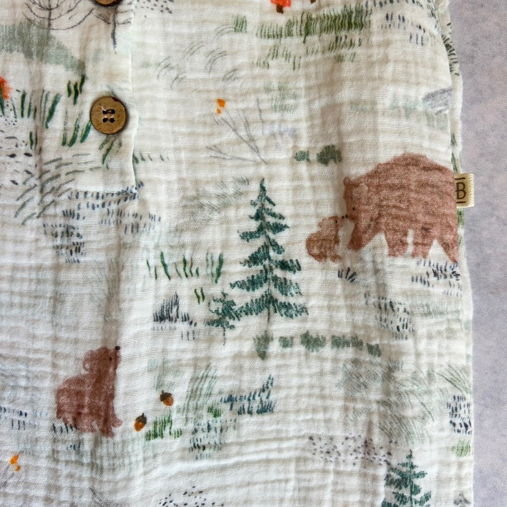 Elegant Baby Organics Woodland Muslin Romper 6-9M White Forest Print Bear Fox - Picture 4 of 7